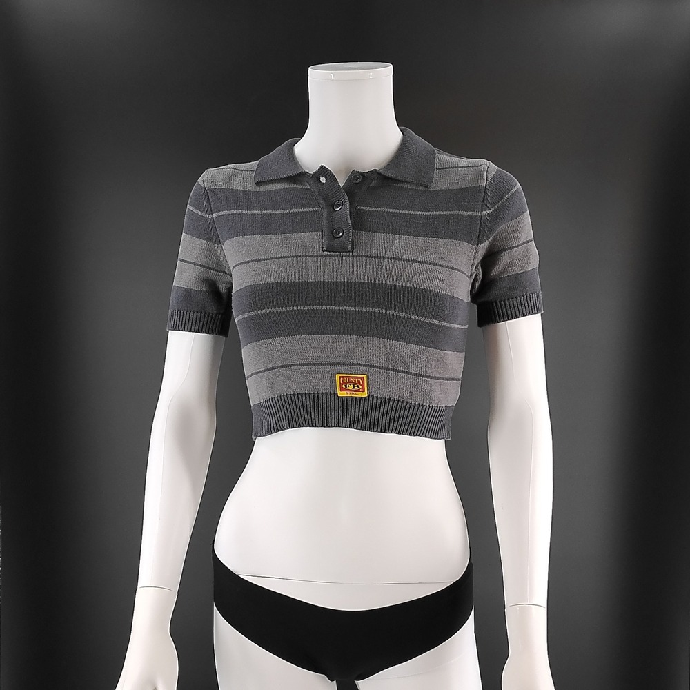 FB County  Grey Striped Cropped Knit Polo Shirt Short Sleeve Small Streetwear